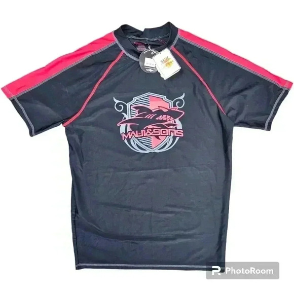 NWT NOS Maui And Sons Rash guard SPF 50+ Swim shirt # RG 102 black&red Large - Picture 1 of 7